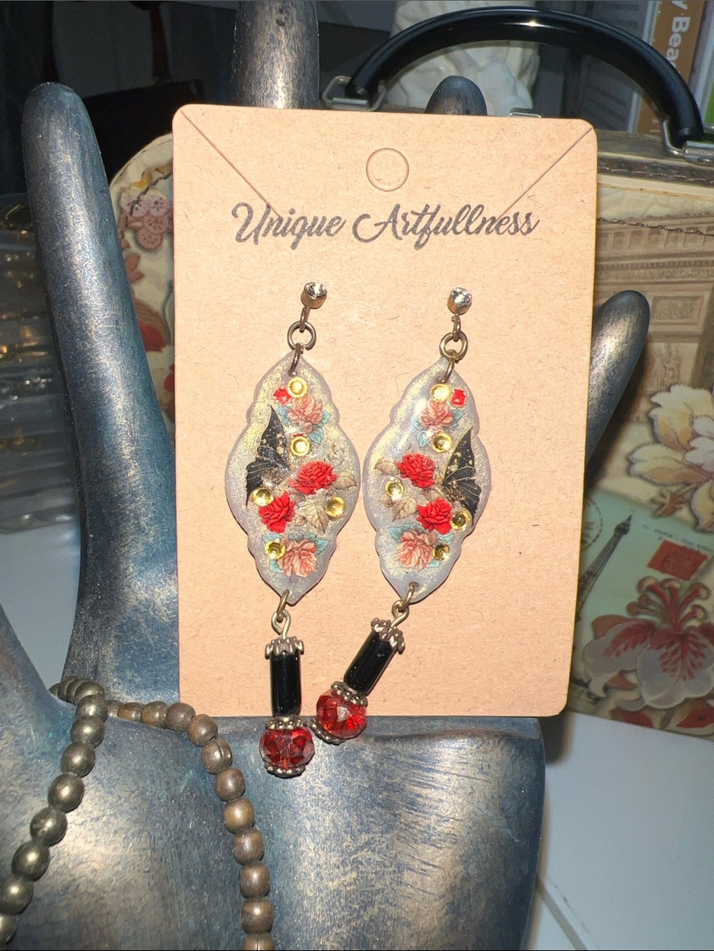 Hand Crafted Cream and Red Floral Drop Earrings with Black and red Beads